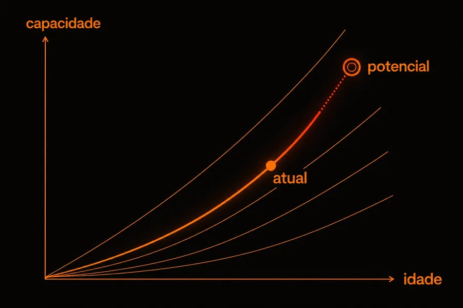 Plano cartesiano de idade por capacidade em estratos com quatro curvas ascendentes divergentes, na curva destacada um ponto atual e um alvo de potencial mais acima